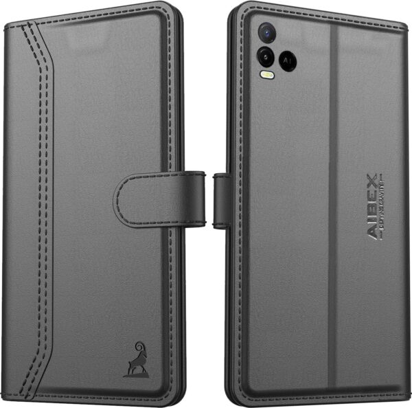 AIBEX ® Compatible for Vivo Y33S / Vivo Y21s / Vivo Y21 (2021) / Vivo Y21e Flip Cover Leather Finish | Inside TPU with Card Pockets | Wallet Stand | Complete Protection Flip Case - Black