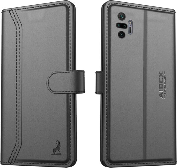 AIBEX ® Redmi Note 10 Pro/Redmi Note 10 Pro Max AIBEX ® Redmi Note 10 Pro/Redmi Note 10 Pro Max Flip Cover Leather Finish | Inside TPU with Card Pockets | Wallet Stand | Complete Protection Flip Case Black