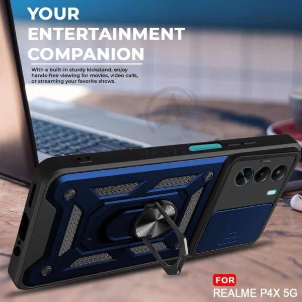 AIBEX® Back Cover Compatible for Realme P4X 5G | D10 Tough Armor Case | Sliding Camera Shield | 360° Protection | Kickstand Ring Holder | Military-Grade Bumper Case - Blue