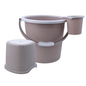 AIR O MATIC 3pc New Plastic Bathroom Set Round Double Moulded Unbreakable (20 LTR Bucket, 1 LTR Mug and Stool) (Desert Rose)