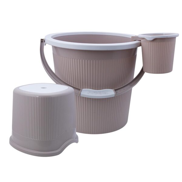 AIR O MATIC 3pc New Plastic Bathroom Set Round Double AIR O MATIC 3pc New Plastic Bathroom Set Round Double Moulded Unbreakable (20 LTR Bucket, 1 LTR Mug and Stool) (Desert Rose)