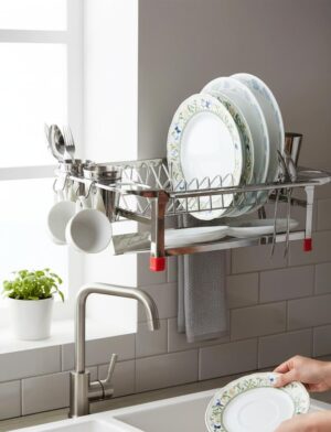 AMOL® Premium Stainless Steel Kitchen Rack | Dish Drying Rack with Glass & Cutlery Holder | Wall Mount Utensil Organizer | Plate Stand | Cup Saucer Holder | Rustproof Bartan Stand (Small)