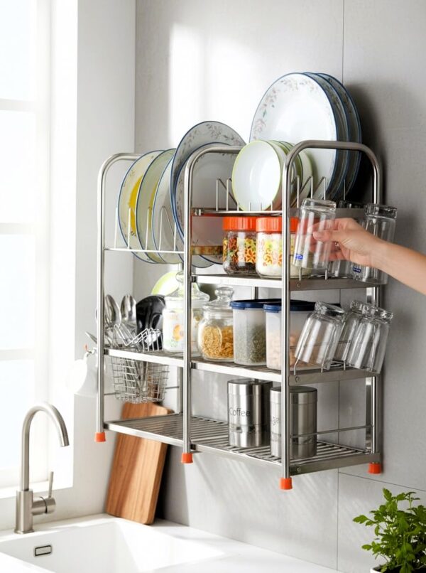 AMOL® Stainless Kitchen Rack (24 * 24 * 11 Utensils Rack Modern 6 Glass Table Top/Wall Mounting with Spoon Holder)