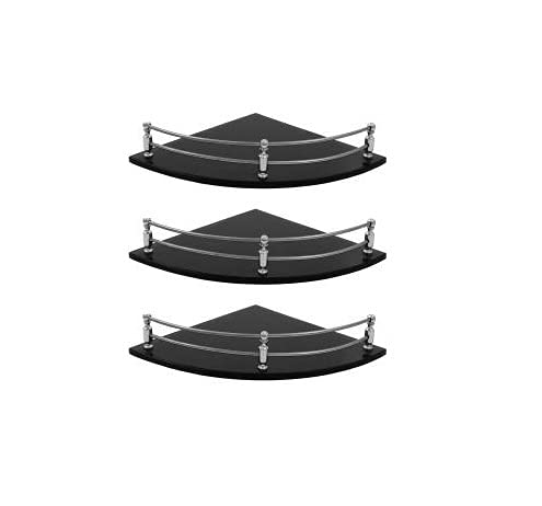 AMPEX Black Glass Corner Shelf for Bathroom and Kitchen Shelf Bathroom Accessories | Kitchen Shelves | Wall Shelf | Storage Shelf | Glass Shelves - 7.5 X 7.5 Inches - Black (Pack of 3)