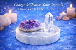 ANKKJYOTI Raw Selenite Plate 3.5 Inch Diameter Natural Crystal Charging ANKKJYOTI Raw Selenite Plate 3.5 Inch Diameter Natural Crystal Charging Plate for Healing Meditation Reiki Chakra Cleansing Crystal Display Stone Round Selenite Slab Home Decor Spiritual Use