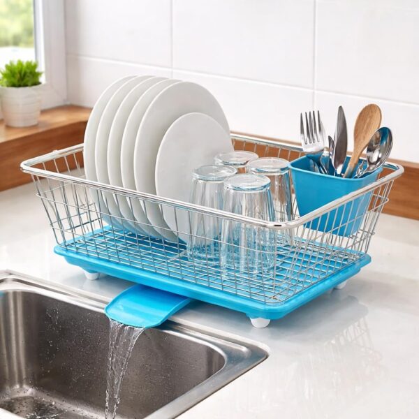 Aarvi Stainless Steel Over The Sink Dish Drying Rack with Draining Tray, Blue and Silver, Wire Basket Kitchen Organizer