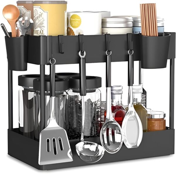 Alark 2 Tier Kitchen Organizer Rack For Countertop Multipurpose Spice Alark 2 Tier Kitchen Organizer Rack For Countertop Multipurpose Spice Rack With Utensil Hanging Cups & Hooks Cabinet Cutlery Countertop Holder Heavy Duty Storage Stand For Kitchen Dining Office Black
