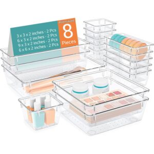 Aliensware 8Pcs Transparent Drawer Organizer,Clear Plastic Dividers Trays,Versatile Bathroom And Vanity Organiser,Storage Bins For Makeup Cosmetics,Jewellery,Kitchen,Bathroom,25X10X10 Cm