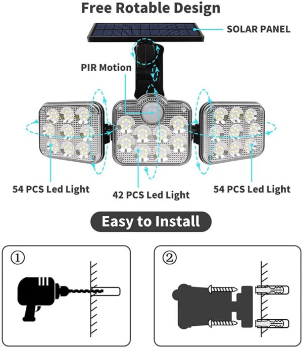 Aluminium Outdoor Solar Light, Floodlight 3 Heads For Garden, Solar Light With Motion Sensor, Waterproof Led Outdoor Solar Light, Remote Control