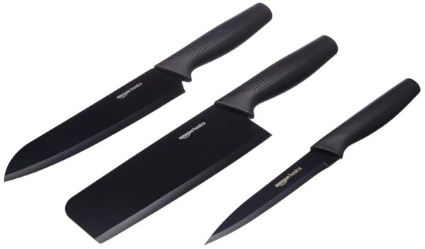 Amazon Basics 3 Pcs Carbon Knife Set | High Carbon Amazon Basics 3 Pcs Carbon Knife Set | High Carbon Stainless Steel Blades | Soft Ergonomic Handle | Slicing Knife, Chef's Knife and Meat Cleaver Knife | Rust-Resistant