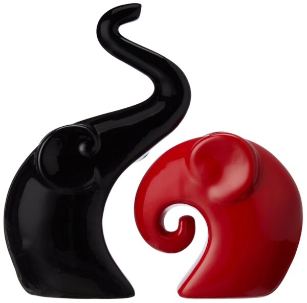 Amazon Basics Home Decor Happy Charm Elephant Couple | Piano Finish Ceramic Figures (Set of 2 Piece, Red & Black)