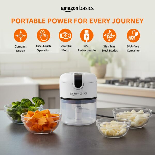 Amazon-Basics-Mini-Electric-Chopper-250-ml-Rechargeable-One-touch-operation-Sharp-Blades-30-W-Food-Grade-Bowl-Sharp-Blades-For-Mincing-Garlic-Veggies-Onion-Nuts-Grey.jpg Amazon Basics Mini Electric Chopper | 250 ml | Rechargeable | One touch operation | Sharp Blades | 30 W | Food Grade Bowl | Sharp Blades For Mincing Garlic, Veggies, Onion, Nuts | Grey