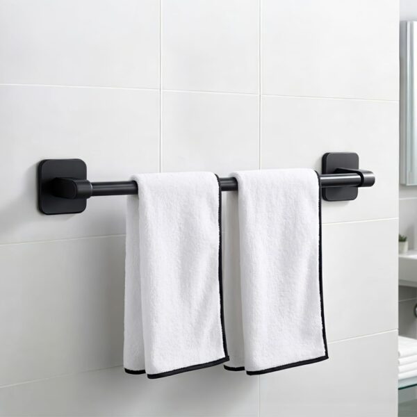 Amazon Basics Self Adhesive Towel Holder in Bathroom No Drill Amazon Basics Self Adhesive Towel Holder in Bathroom No Drill – 24 Inch Rust Resistant Aluminum Towel Hanger for Wall, Strong Towel Hanger for Wash Basin & Towel Rod for Washroom Black Pack of 1