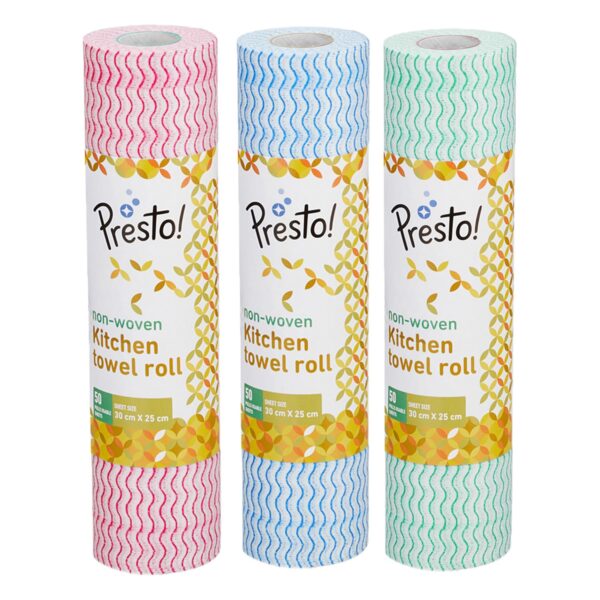 Amazon Brand - Presto! Non-Woven Kitchen Towel Roll | 50 Pulls (Pack of 3) | Size: 30 x 25 cm | Red, Blue & Green | Washable and Reusable | Highly Absorbent | For Daily Use