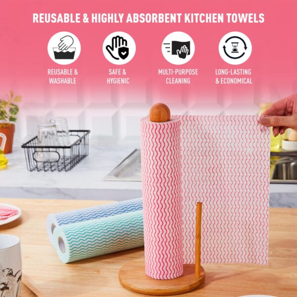 Amazon Brand - Presto! Non-Woven Kitchen Towel Roll | 50 Pulls (Pack of 3) | Size: 30 x 25 cm | Red, Blue & Green | Washable and Reusable | Highly Absorbent | For Daily Use