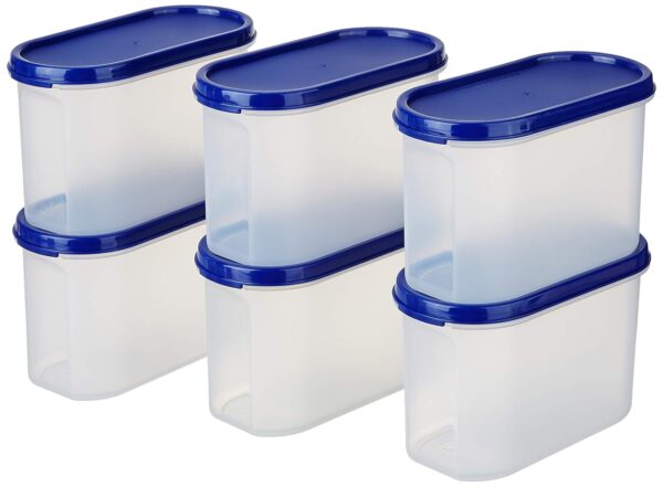 Amazon Brand - Solimo Modular Plastic Storage Container With Airtight Amazon Brand - Solimo Modular Plastic Storage Container With Airtight Lid | BPA-Free Plastic | Microwave Safe | Dishwasher Safe | 1.2 Litres | Set of 6 (Blue)