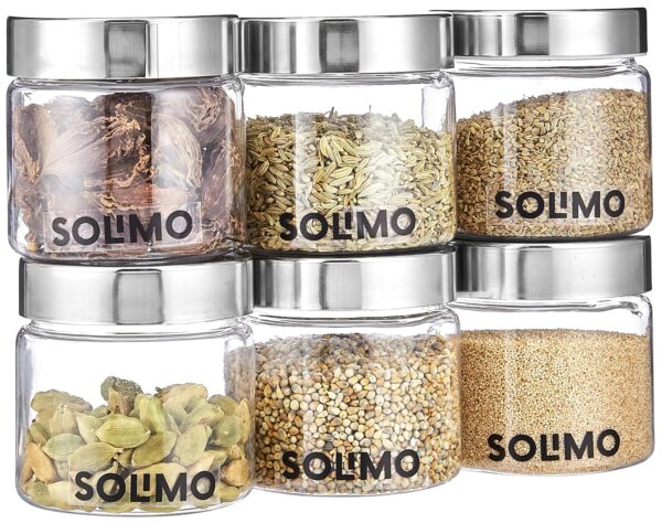 Amazon Brand - Solimo Plastic Storage Jar & Containers | Set of 6 | Steel Cap Jar Set | Air Tight & BPA Free | Multipurpose Jar Set | 200 ML | Silver, Transparent