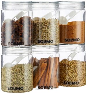 Amazon Brand - Solimo Plastic Storage Jar & Containers Set With Spoon | Air Tight & BPA Free | Kitchen Container Set | Multipurpose Jar | 500 ML Set 6 (Transparent)