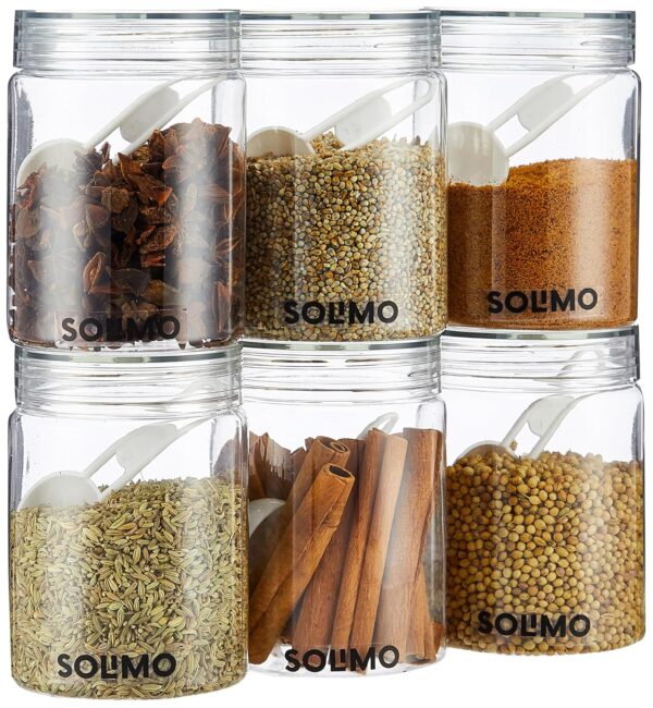 Amazon Brand - Solimo Plastic Storage Jar & Containers Set Amazon Brand - Solimo Plastic Storage Jar & Containers Set With Spoon | Air Tight & BPA Free | Kitchen Container Set | Multipurpose Jar | 500 ML Set 6 (Transparent)