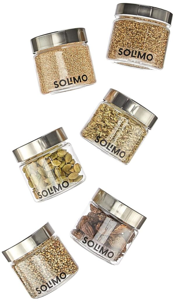 Amazon Brand - Solimo Plastic Storage Jar & Containers | Set of 6 | Steel Cap Jar Set | Air Tight & BPA Free | Multipurpose Jar Set | 200 ML | Silver, Transparent