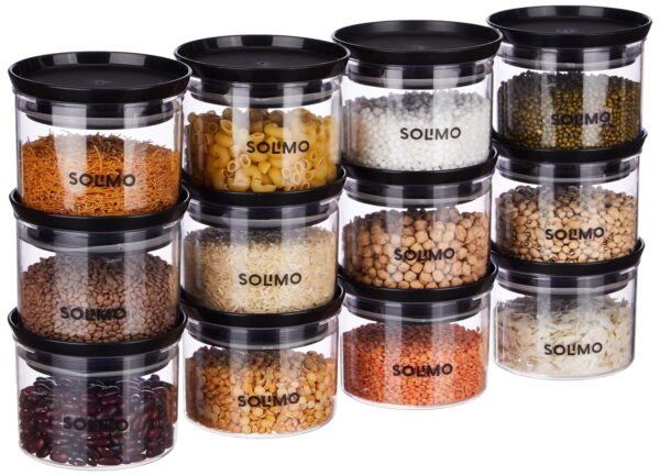 Amazon Brand - Solimo Plastic Storage Jar and Container Set Amazon Brand - Solimo Plastic Storage Jar and Container Set I Air Tight & BPA Free Containers for Kitchen Storage Set I Grocery Kitchen Container Set I Multipurpose Jar, 500 Ml Each, Set 12, Black