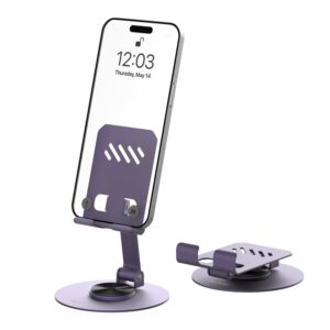 Amkette Ergo 360° Alloy Mobile Stand for Desk, Foldable Design with Stable Rotational Metallic Round Base, Multiple Height & Angle adjustments for Smartphones, Tablets & iPad (Purple)