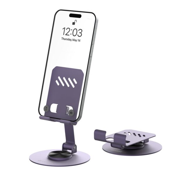 Amkette Ergo 360° Alloy Mobile Stand for Desk, Foldable Design with Stable Rotational Metallic Round Base, Multiple Height & Angle adjustments for Smartphones, Tablets & iPad (Purple)