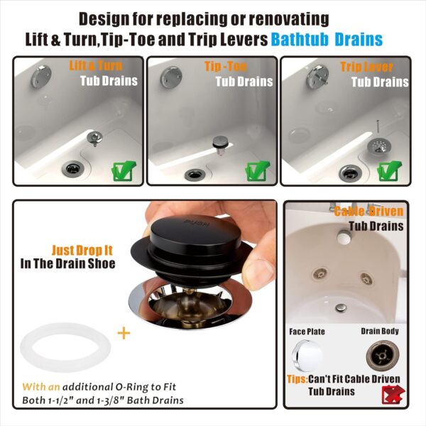 Artiwell Universal Tip Toe Bath Drain Stopper and Cover, Bathtub Drain Stopper, Replaces lift and turn, Tip-Toe and Trip Lever drains for Tub, EZ Installation and Clearing (MATT BLACK)
