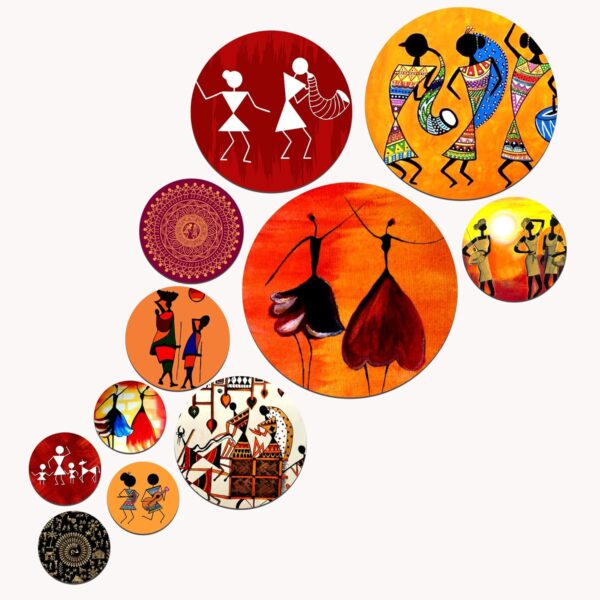 Artvibes Indian Traditional Warli Tribal Folk Dance Art Round Shape Artvibes Indian Traditional Warli Tribal Folk Dance Art Round Shape MDF Wooden Wall Decor Items for Home | Art For Wall | Modern Decor Artwork | Wall Illustrations | Gift Items (WPS_126N), Set of 11