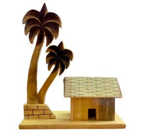 Awesome Assam Handicrafts Collection- Self-Standing Solid Wood & Bamboo Showpiece/Decor Item- Village Hut, 21cm H x 18cm W x 6cm D (Maroon, Yellow & Other)