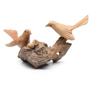 BAGUS Handcrafted Wooden Birds on Nest Sculpture, Traditional Home Decor, Natural Wood Finish, 20X9X9 cm