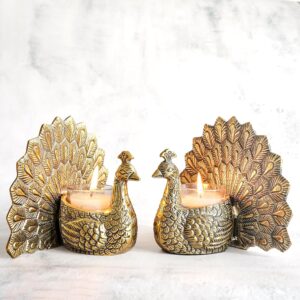 BEHOMA Aluminium Dancing Peacock Figurine Pair for Love & Good BEHOMA Aluminium Dancing Peacock Figurine Pair for Love & Good Luck | Home Décor Tabletop Showpiece with Scented Votive Candles | Valentine, Anniversary & Wedding Gift for Couples | Set of 2, Gold