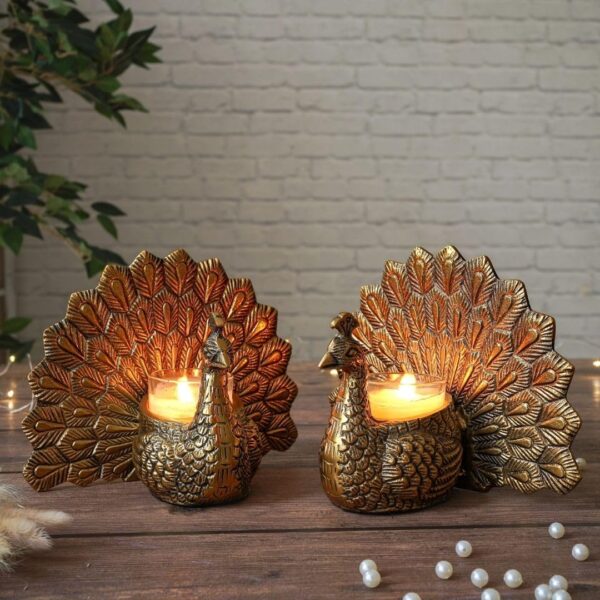BEHOMA Aluminium Dancing Peacock Figurine Pair for Love & Good Luck | Home Décor Tabletop Showpiece with Scented Votive Candles | Valentine, Anniversary & Wedding Gift for Couples | Set of 2, Gold