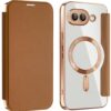 BOUNCEBACK Electroplated Transparent Mag Charge Support Vegan Leather Flip Flap BOUNCEBACK Electroplated Transparent Mag Charge Support Vegan Leather Flip Flap Wallet Back Case Cover for Google Pixel 9a - Clear Brown