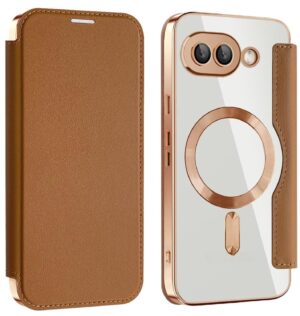 BOUNCEBACK Electroplated Transparent Mag Charge Support Vegan Leather Flip Flap Wallet Back Case Cover for Google Pixel 9a - Clear Brown