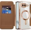 BOUNCEBACK Electroplated Transparent Mag Charge Support Vegan Leather Flip Flap Wallet Back Case Cover for Google Pixel 9a - Clear Brown