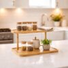 Bamboo 2-Tier Kitchen Counter Organizer Rack | Staggered Oval Pedestal Shelf for Mugs, Spice Jars & Coffee Station | Water Resistant Bamboo Wood Display Stand