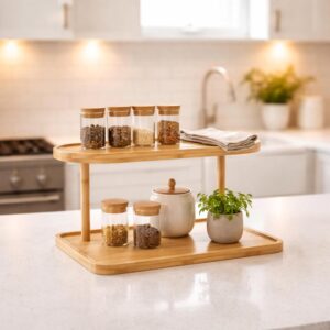 Bamboo 2-Tier Kitchen Counter Organizer Rack | Staggered Oval Pedestal Shelf for Mugs, Spice Jars & Coffee Station | Water Resistant Bamboo Wood Display Stand