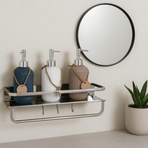 Bathroom Accessories Set | Multipurpose Wall Shelf Stainless Steel Bathroom Shelf I Wall Mount Shelf Organizer | Towel Hook Shelf and Rack I Bathroom Shelves Silver (15x5 Inch)