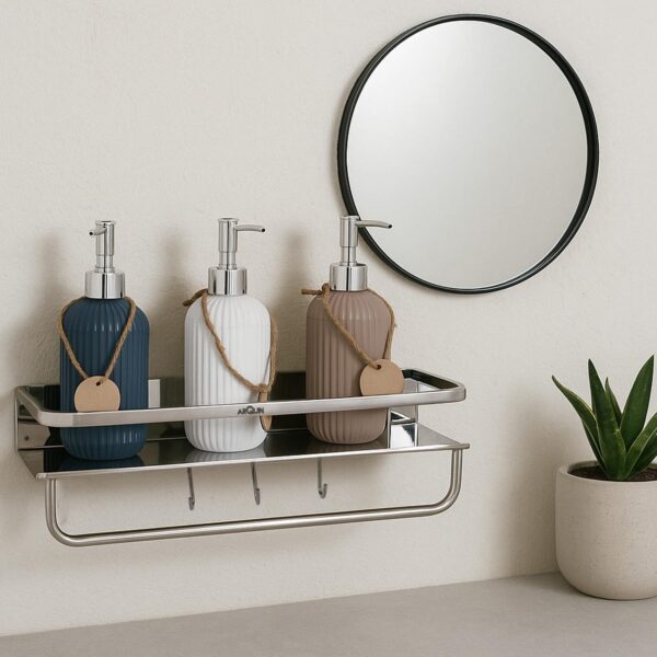 Bathroom Accessories Set | Multipurpose Wall Shelf Stainless Steel Bathroom Shelf I Wall Mount Shelf Organizer | Towel Hook Shelf and Rack I Bathroom Shelves Silver (15x5 Inch)