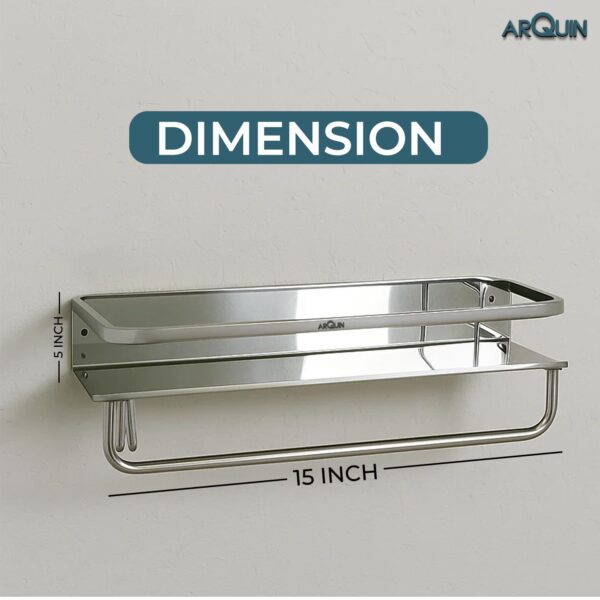 Bathroom Accessories Set | Multipurpose Wall Shelf Stainless Steel Bathroom Shelf I Wall Mount Shelf Organizer | Towel Hook Shelf and Rack I Bathroom Shelves Silver (15x5 Inch)