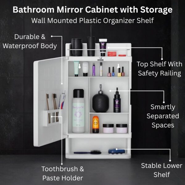 Bathroom Mirror Cabinet with Storage | Wall Mounted Plastic Organizer Shelf for Toiletries & Accessories | Durable White Mirror Cabinet for Bathroom