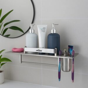 Bathroom Shelf 4 in 1 Bathroom Accessories Set Storage Organizer Bathroom Shelf 4 in 1 Bathroom Accessories Set Storage Organizer Wall Mount Shelf 304 Grade Stainless Steel Wall Shelf for Bathroom Multipurpose Shelf/Rack/Towel Hanger Tumbler Holder