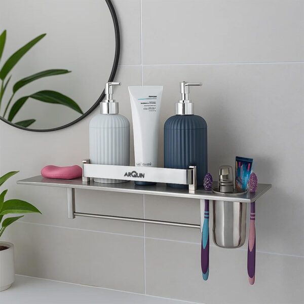 Bathroom Shelf 4 in 1 Bathroom Accessories Set Storage Organizer Wall Mount Shelf 304 Grade Stainless Steel Wall Shelf for Bathroom Multipurpose Shelf/Rack/Towel Hanger Tumbler Holder