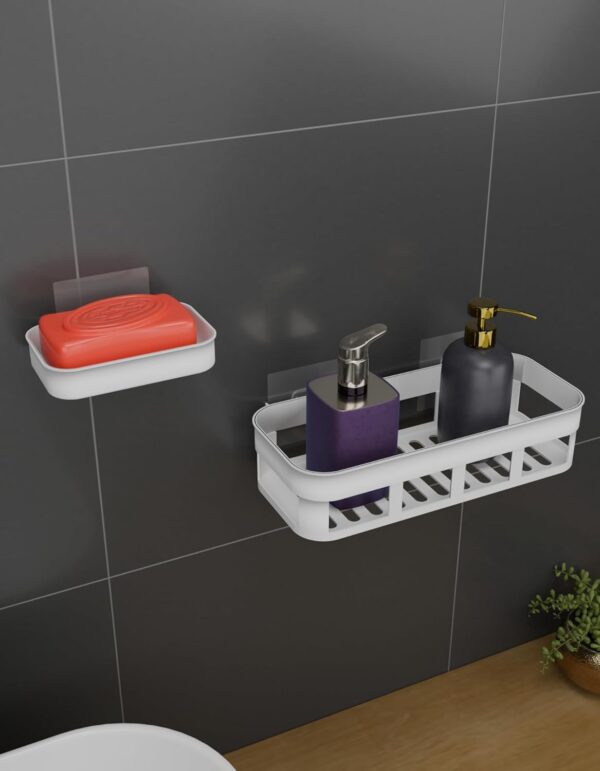 Bathroom Shelf & Soap Dish Set Without Drill | No Bathroom Shelf & Soap Dish Set Without Drill | No Drill Wall Mounted Bathroom Organizer | Waterproof Rack Shelf for Bathroom, Kitchen & Washbasin - 1 Soap Dish & 1 Shelf Set