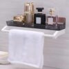Bathroom Shelf Storage Rack with Towel Holder – Self Adhesive Wall Mount Kitchen & Bathroom Organizer, Plastic Storage Shelf for Shampoo, Towels & Accessories | No Drilling (Pack of 1)