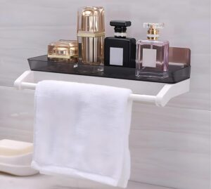 Bathroom Shelf Storage Rack with Towel Holder – Self Adhesive Wall Mount Kitchen & Bathroom Organizer, Plastic Storage Shelf for Shampoo, Towels & Accessories | No Drilling (Pack of 1)