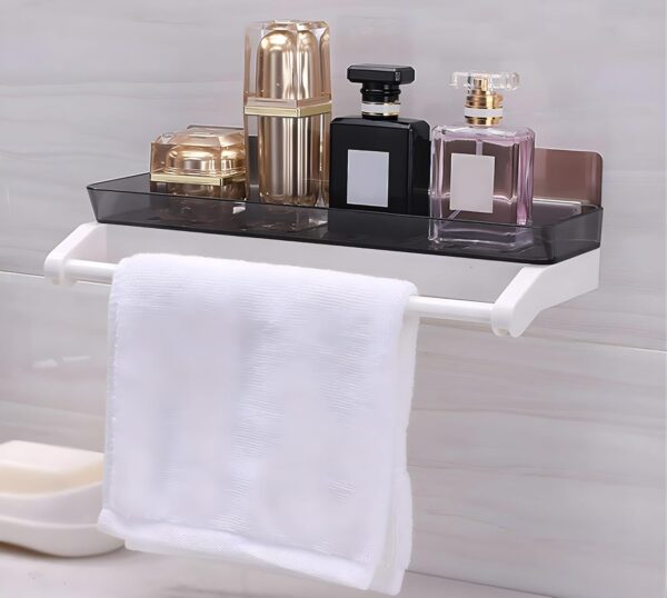 Bathroom Shelf Storage Rack with Towel Holder – Self Adhesive Wall Mount Kitchen & Bathroom Organizer, Plastic Storage Shelf for Shampoo, Towels & Accessories | No Drilling (Pack of 1)