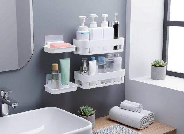 Bathroom Shelf Without Drill | Adhesive Bathroom Organizer Wall Shelf | 2 Shelves + 2 Soap Dish | Waterproof Rust-Free Bathroom Rack for Kitchen & Washbasin