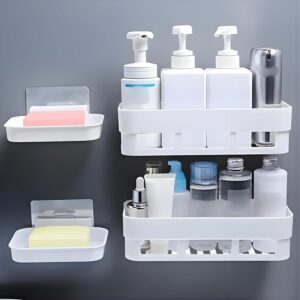Bathroom Shelf Without Drill | Adhesive Bathroom Organizer Wall Shelf | 2 Shelves + 2 Soap Dish | Waterproof Rust-Free Bathroom Rack for Kitchen & Washbasin